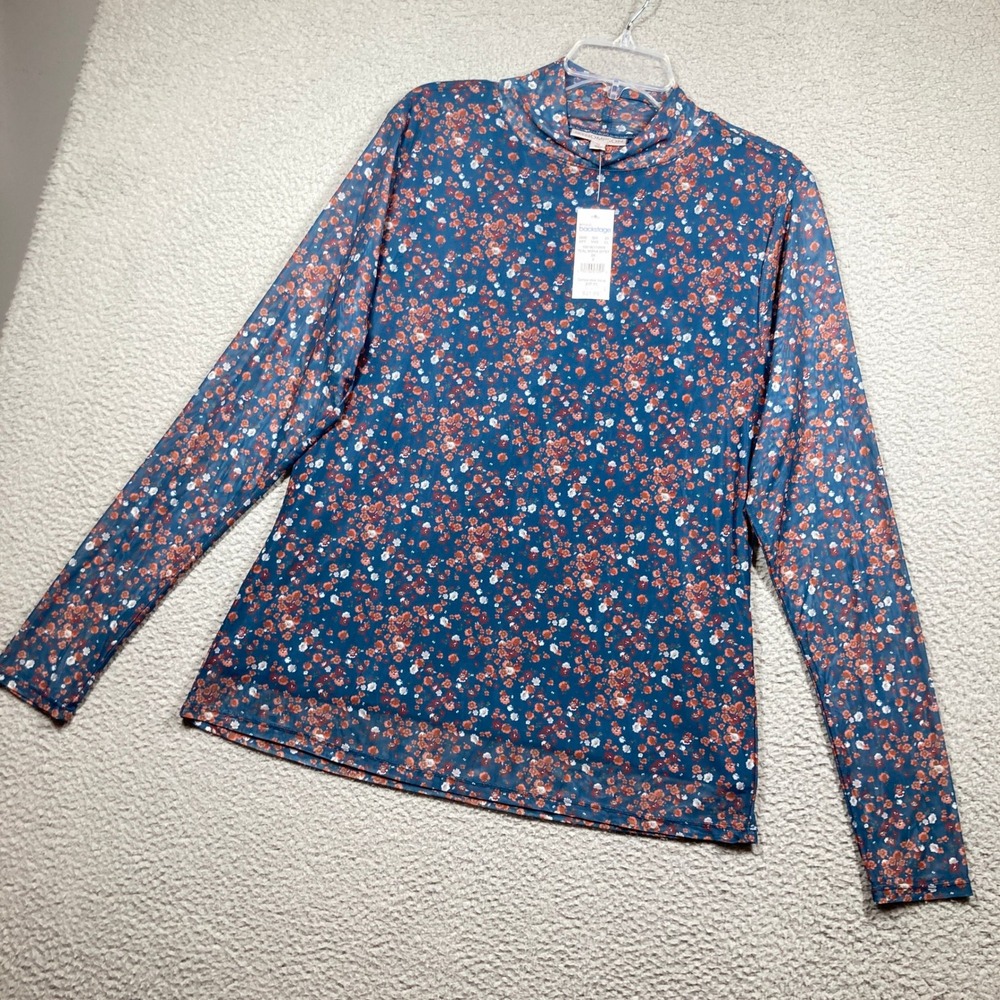 12Thompson Mock Neck Mesh Top Women 2X Teal Blue Floral Lined Long Sleeve Blouse